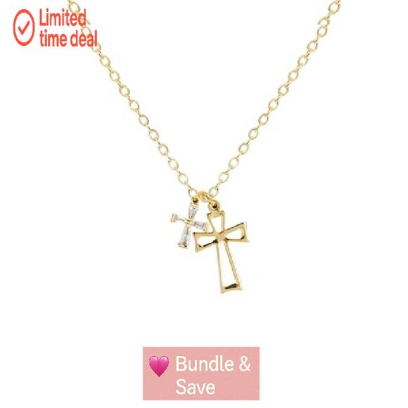 Double Cross Pendant Necklace 14K Gold Plated Dainty CZ Diamond Choker - Picture 2 of 6